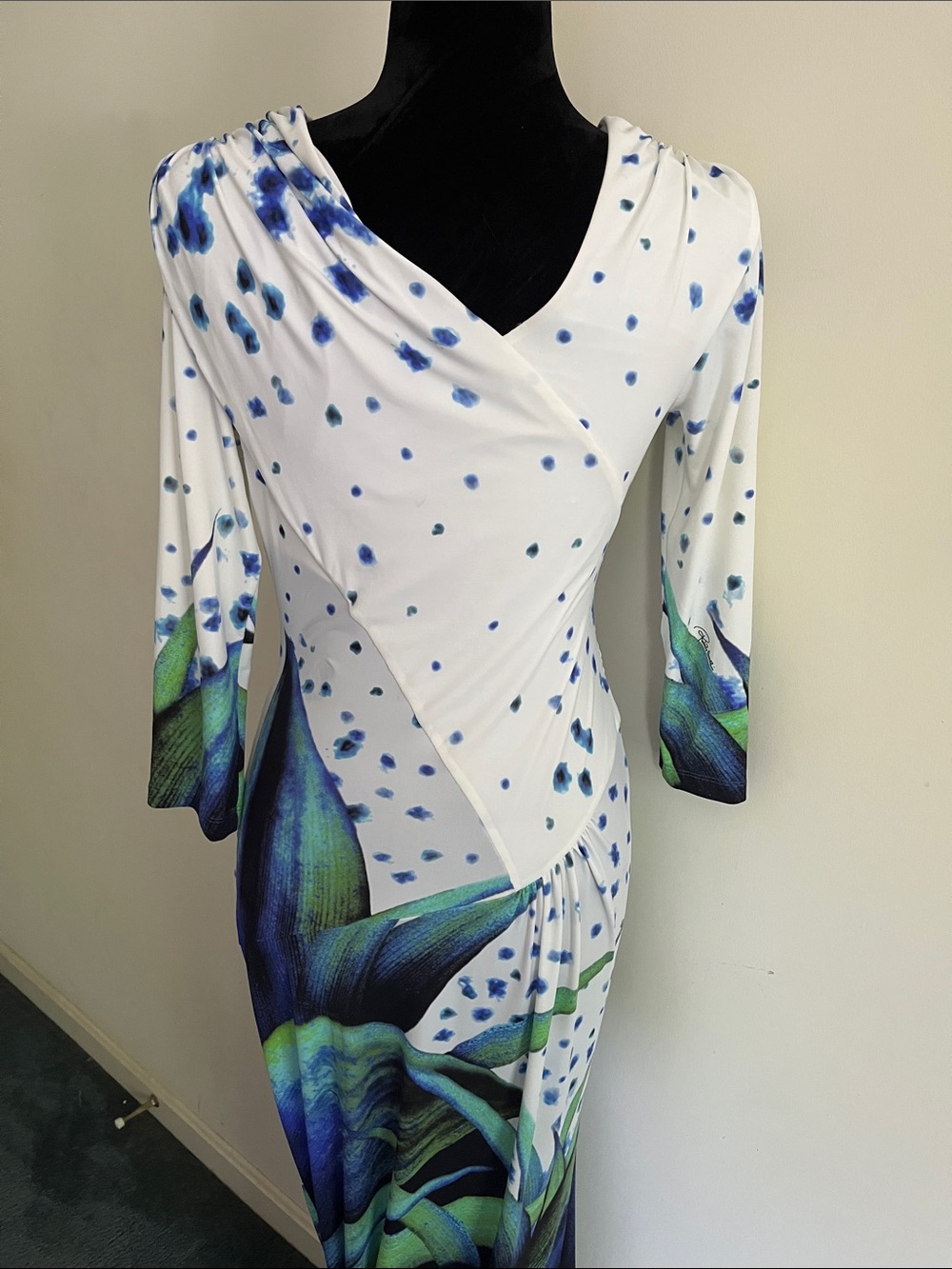 Roberto Cavalli Maxi Dress Tropical Floral Wrap Blue Green and White IT 46 Large - Picture 5 of 13
